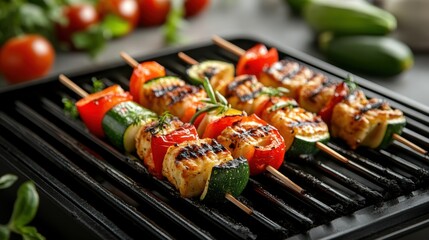 Grilled vegetable and chicken skewers on a barbecue grill.