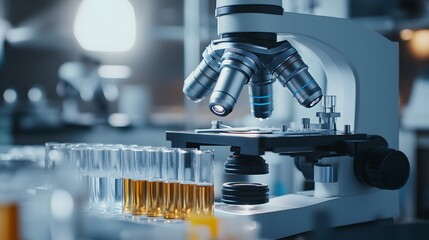 Poster - A close-up of a microscope in a laboratory setting with test tubes in the foreground.
