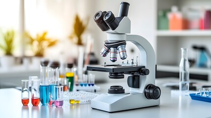 Poster - A Modern Microscope in a Laboratory Setting with Test Tubes and a Sample Tray