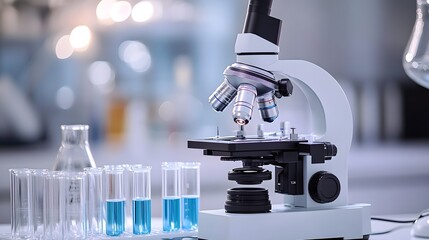Poster - A Microscope with Lenses and Test Tubes in a Laboratory Setting