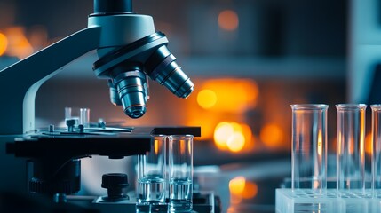 Poster - closeup of a microscope and test tubes in a laboratory