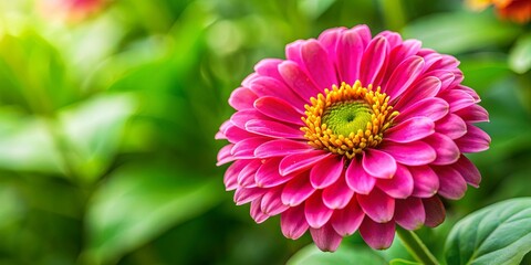 A single, vibrant pink flower with yellow center blooms against a backdrop of green leaves.