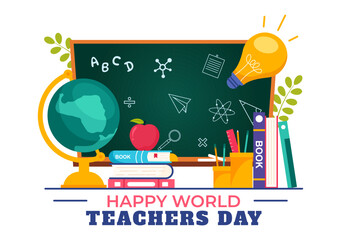 Wall Mural - Happy Teacher's Day Vector Illustration featuring School Supplies such as Blackboards, Pencils, Bags, Books, and Other Items in Flat Background