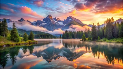 Ethereal alpine sunrise whispers gentle warmth, as morning mist wraps majestic mountain peaks, and tranquil alpine lakes shimmer, reflecting the vibrant colors 