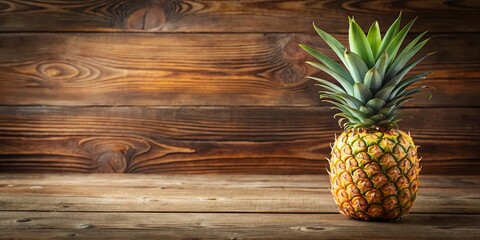 Wall Mural - A Ripe Pineapple Rests on a Weathered Wooden Surface, Its Golden Skin Gleaming in the Soft Light, a Symbol of Tropical Delight