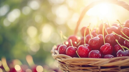 Poster - A rustic woven basket brimming with fresh cherries catches sunlight flare, highlighting the bright red fruit on a summer day