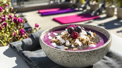 Refreshing bilberry smoothie bowl topped chia seed granola coconut flake served sunlit rooftop terrace yoga mat detox smoothy background promoting vibrant nutritious morning meal Scientific name