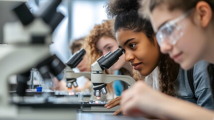 Poster - a young woman looking through a microscope during a science experiment in a lab