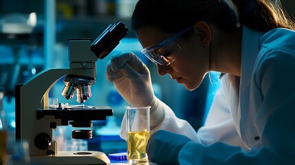 Poster - a female scientist works with a microscope in a laboratory