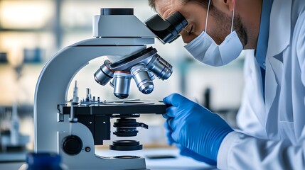 Poster - A scientist in a lab coat and face mask using a microscope