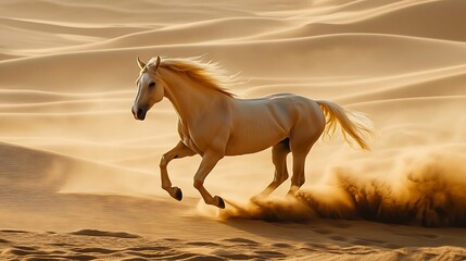 Canvas Print - White Horse Running Through Desert Dunes