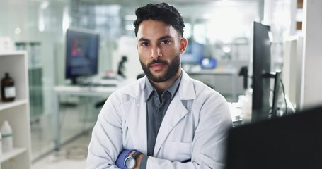 Wall Mural - Man, arms crossed and confident as scientist in lab for medical or scientific research and investigation. Male person, portrait and proud for career growth as expert for drug trial and experiment