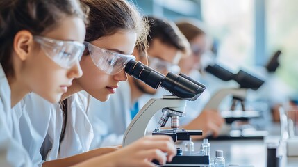 Poster - a student wearing safety glasses uses a microscope in a laboratory setting