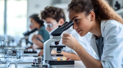 Poster - young female student examining a sample under a microscope in a laboratory setting