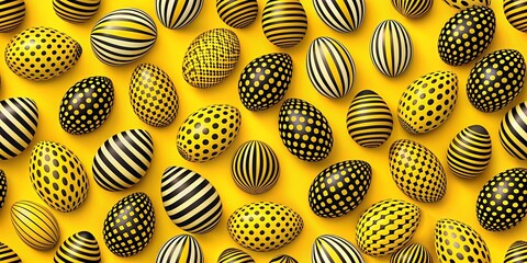 Wall Mural - A vibrant pattern of yellow and black easter eggs, featuring a variety of geometric designs, including stripes, polka dots, and squares, creating a captivating visual feast.