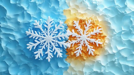 Two Snowflakes on a Blue and Yellow Background