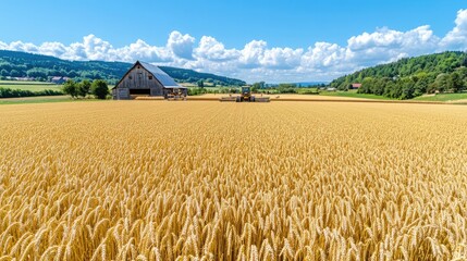 A vast golden wheat field under a bright blue sky, with distant hills and a barn, showcasing the beauty of rural agriculture.