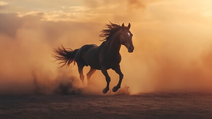 Canvas Print - A Black Horse Running Through Dust at Sunset