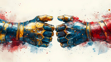 Dramatic illustration of two colorful gauntlets facing off in vibrant, splashed colors against a white background.