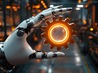 Poster - A robotic hand holding a glowing gear in a modern industrial setting, showcasing advanced technology and engineering.