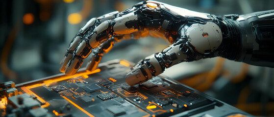 Poster - A futuristic robotic hand interacting with a complex circuit board, showcasing advanced technology and design.