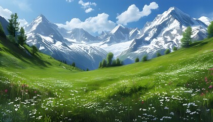 Breathtaking mountain meadow adorned with vibrant wildflowers and a lush green landscape, framed by stunning snow-capped peaks under a bright blue sky.