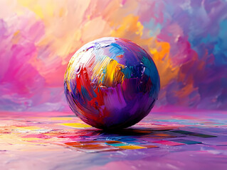 Poster - A vibrant, colorful spherical object set against an abstract painted background.