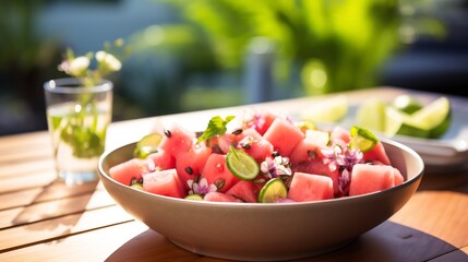 Refreshing sea grape salad watermelon cucumber mint served bright patio caf table vibrant detox drink wellness book softly blurred behind promoting fresh unique summer dish Scientific name Coccoloba