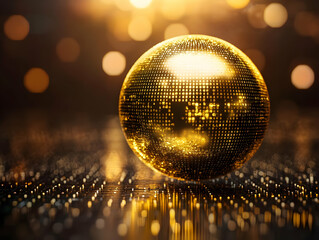 Poster - Shimmering gold disco ball on sparkling surface with warm bokeh background, creating a festive and vibrant atmosphere.