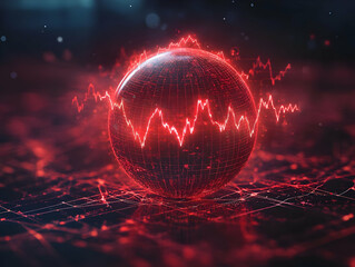 Poster - Abstract glowing red sphere with digital wave patterns on a dark background.