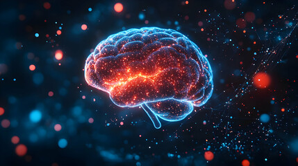 Poster - Glowing digital representation of a brain with colorful particles on a dark background.