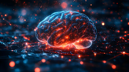 Poster - A vibrant, glowing representation of a brain, depicting neural connections and activity against a dark background.