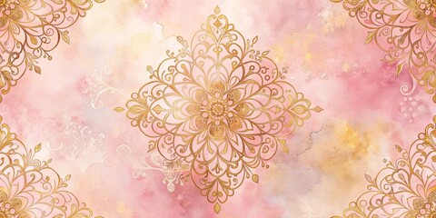 Wall Mural - Delicate Gold Filigree Flourishes on a Watercolor Background of Soft Pastel Hues