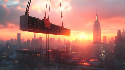 Construction site at sunset with a crane lifting heavy materials against a city skyline.