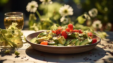 Refreshing vegan salad sliced pepino melon avocado quinoa served sunlit terrace herbal drink fitness magazine softly blurred background promoting fit healthconscious meal Scientific name Solanum