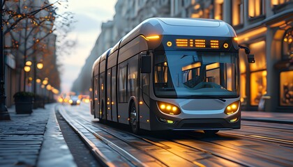 Dynamic EV bus navigating through a bustling city street with a captivating blur motion effect