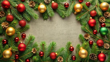 Wall Mural - Christmas frame with green branches, red ornaments, and golden decorations, Christmas, frame, branches, decorations, holiday, festive