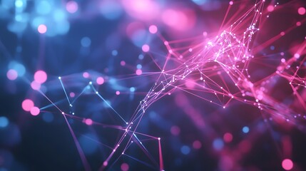 Poster - Abstract Network of Interconnected Lines and Dots with Neon Lights