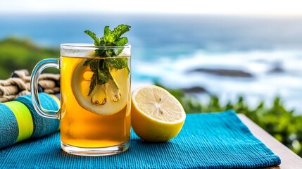 Rose apple detox drink lemon fresh mint served a bright yoga deck with fitness gear and ocean views softly blurred in the background promoting hydration and wellbeing Scientific name Syzygium jambos