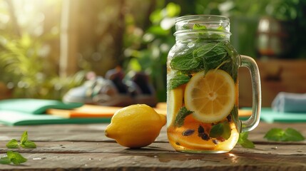 Santol fruit detox water lemon and mint served at a wellness caf with yoga mats and fitness gear softly blurred in the background promoting hydration and wellbeing Scientific name Sandoricum koetjape