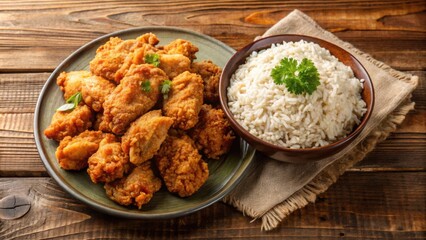 Fried chicken pieces served with seasoned rice on a plate, fried chicken, rice, comfort food, crispy, delicious, savory