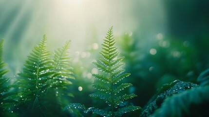 Sticker - A close-up of a fern with dew drops on the leaves in a forest with a soft, blurry background.