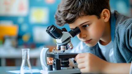 Poster - a young boy looking through a microscope during a science experiment