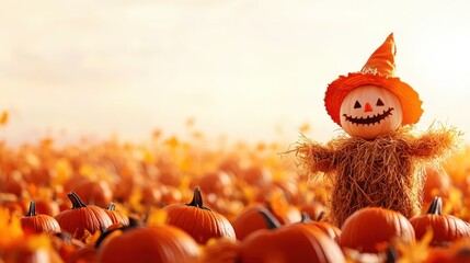 A cheerful scarecrow stands among a field of bright orange pumpkins during harvest season.