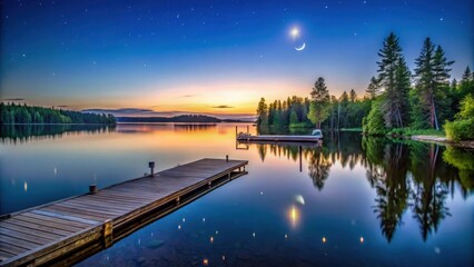 Wall Mural - tranquil sunset on hungry jack lake with dock, moon, stars, and cabins off gunflint trail in norther