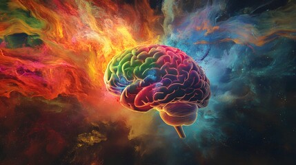 Poster - Colorful Human Brain Surrounded by Abstract Nebula