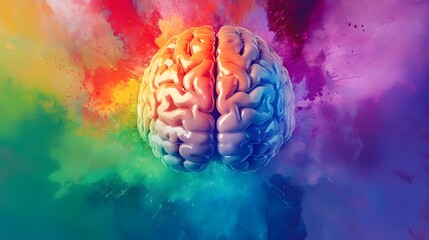 Poster - A 3D Rendered Human Brain Surrounded by Colorful Splashes