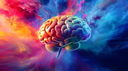 Poster - A Shiny Human Brain Surrounded by Abstract Colorful Paint Splashes