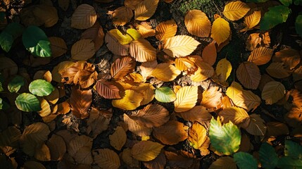 Sticker - A close-up view of autumn leaves on the ground.