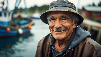 Joyful portrait of a senior male fisherman aboard his fishing boat at the dock